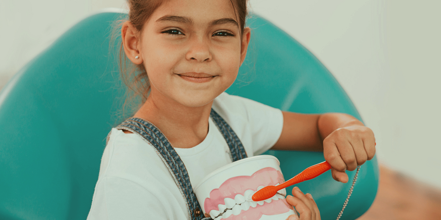 bambina che simula il gesto di pulire i denti con uno spazzolino su un calco dentale