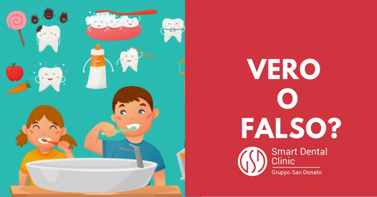 illustrazione di alimenti amici e nemici dei denti con due bambini che si lavano i denti