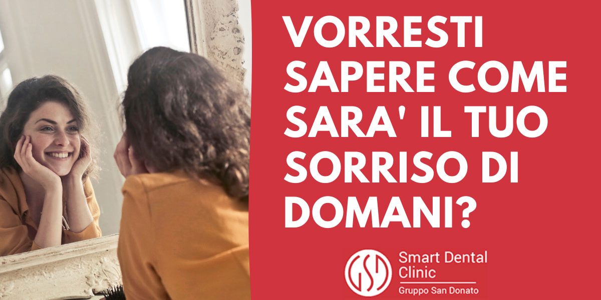 ragazza che osserva il suo sorriso allo specchio