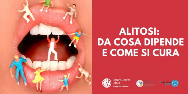 Bocca aperta con miniature di persone a rappresentare l’alito cattivo e la salute orale