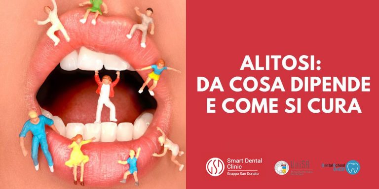 Bocca aperta con miniature di persone a rappresentare l’alito cattivo e la salute orale