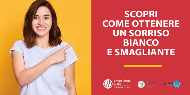 come-ottenere-sorriso-smagliante Ragazza che sorride e indica la dicitura "scopri come ottenere un sorriso bianco e smagliante"