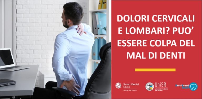 Uomo con dolori cervicali e lombari seduto alla scrivania