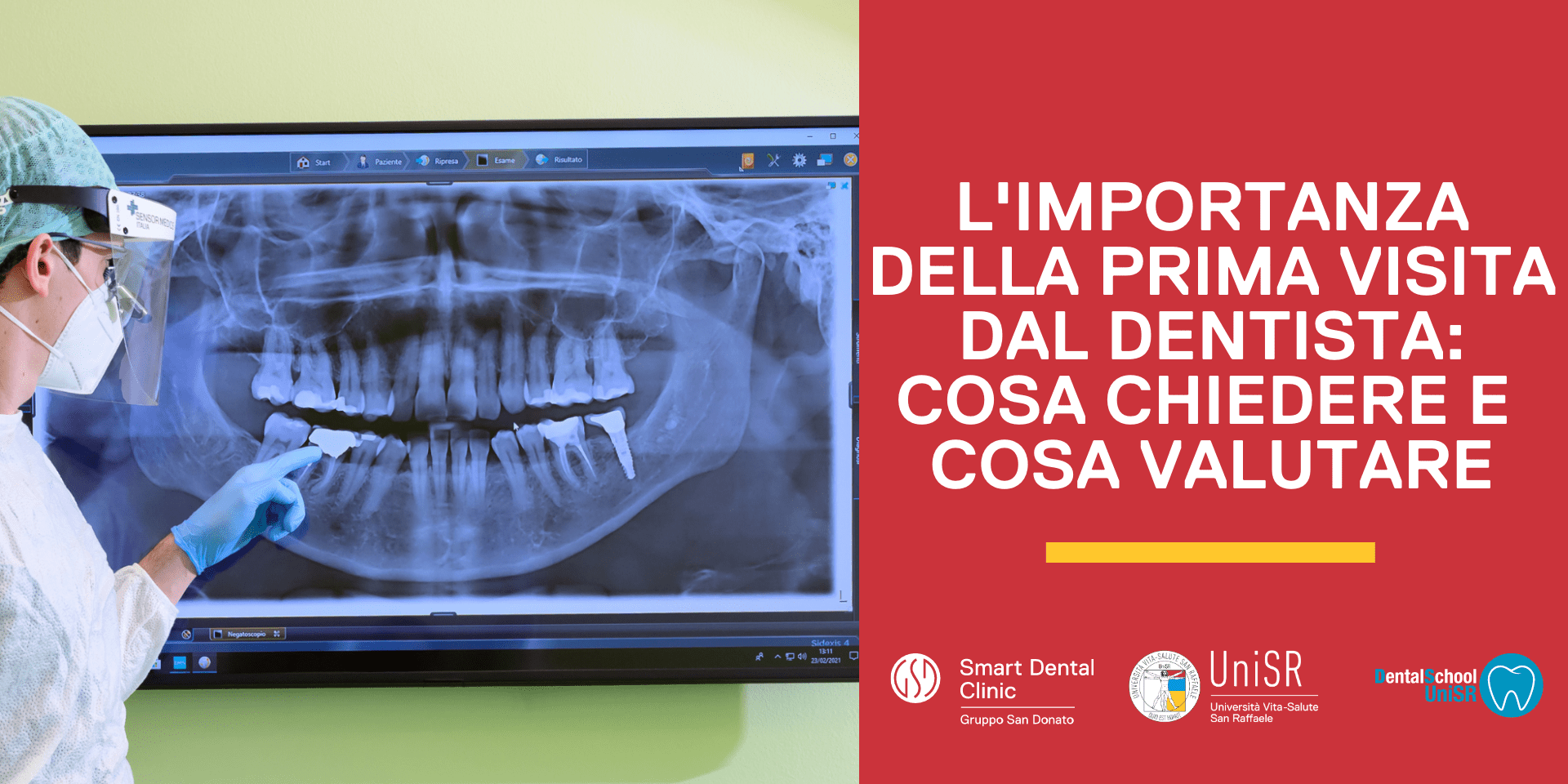 L’IMPORTANZA DELLA PRIMA VISITA DAL DENTISTA COSA CHIEDERE COSA VALUTARE Dentista mostra su uno schermo la radiografia di un paziente