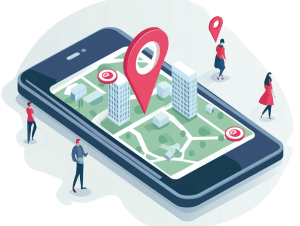 Illustrazione di smartphone con mappa e simboli di localizzazione delle sedi Smart Dental Clinic